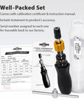 Pro Grade Precision Torque Screwdriver 10 To 50 Inch-Pounds With 1 Quarter Inch Hex Bit Holder shown with T-handle and manuals