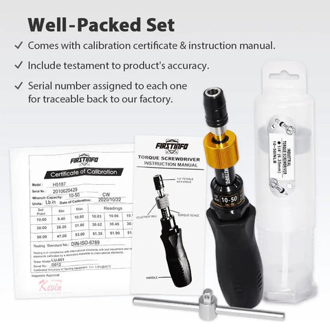 Pro Grade Precision Torque Screwdriver 10 To 50 Inch-Pounds With 1 Quarter Inch Hex Bit Holder shown with T-handle and manuals