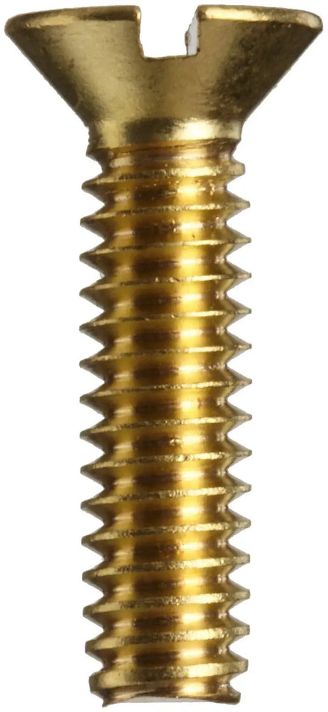 Heavy Duty Brass Flat Head Machine Screws With Slotted Drive 1 4 20 Thread X 1 1 4 Inch Length For Rock Solid Electrical Wiring And Plumbing Projects 25 Pack, close-up of threaded brass screw.
