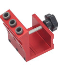 Heavy Duty Slick Aluminum Pocket Hole Jig Kit With Top Shelf 3 Step Drill Bits And Foolproof Adjustable Depth Settings For Woodworking Up To 45Mm Smooth 15 Degree Angle Furniture Assembly, showing red aluminum jig with three drill hole guides.