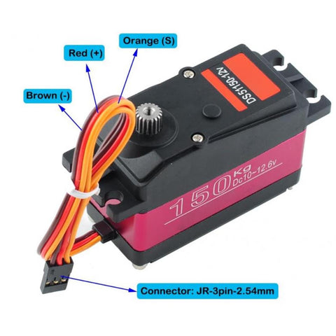 Heavy Duty DS51150 Digital Servo Delivering Rock Solid One Hundred Fifty Kilogram Torque And Lightning Fast Steering Response For One Fifth Scale RC Car Rigs with labeled connectors.