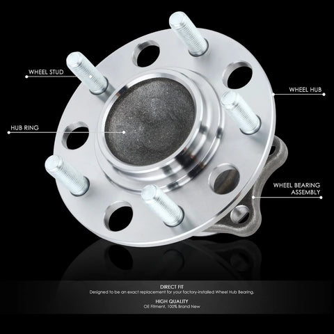 Rear Wheel Bearing Hub Assembly For Lancer And Outlander 2WD 2008 To 2017 Driver Or Passenger Side Bare Steel Factory Style Replacement With Preinstalled Hub For Quick Bolt On Fit, showing bare steel wheel hub, wheel studs, and assembly.