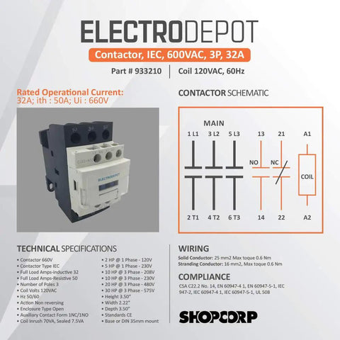 30 Amp 3 Pole Contactor Bundle With 110 To 120V Coil, Handles Motor Load 32A And Lighting 40A, Includes Slotted Steel Zinc Plated DIN Rail