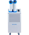 Built Rock Solid Water Cooled Portable Air Conditioner Dropping Legit 16000 Btu Chill For Shops Without Messy Vents Plus Heavy Duty Swivel Casters For Easy Rolling unit with two exhaust hoses and control panel.