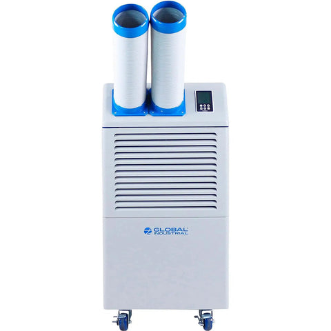 Built Rock Solid Water Cooled Portable Air Conditioner Dropping Legit 16000 Btu Chill For Shops Without Messy Vents Plus Heavy Duty Swivel Casters For Easy Rolling unit with two exhaust hoses and control panel.
