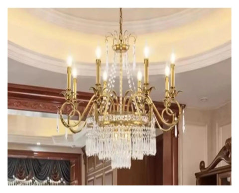 Retro Brass Pendant Light,Villa Living Room Luxury Decorative Chandelier with gold finish and crystal details.