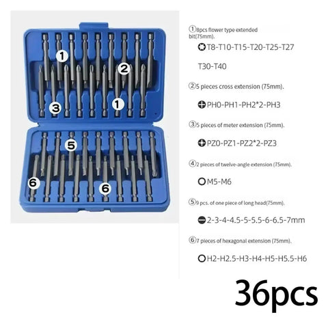 Get That 36 Piece Extra Long Screwdriver Bit Set With Torx Star Hex Spline Heads And Magnetic Tips Stored In A Thick PP Toolbox For Your Garage Or Road Rigs Without The Hassle. 36pcs 75mm bit set in blue PP case