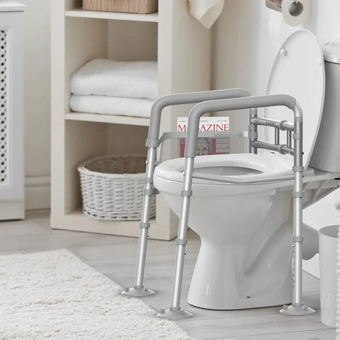 Stand Alone Toilet Safety Rail With Adjustable Width And Height Fits Any Toilet Folding Handrails For Elderly And Disabled No Fuss Tool Free Setup Portable Medical Toilet Frame Silver Grey in a bathroom setting