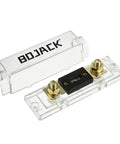 Heavy Duty ANL Fuse Holders And 100 Amp ANL Fuses Pair For Audio Video Systems with clear housing and gold contacts.