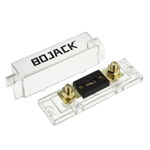 Heavy Duty ANL Fuse Holders And 100 Amp ANL Fuses Pair For Audio Video Systems with clear housing and gold contacts.