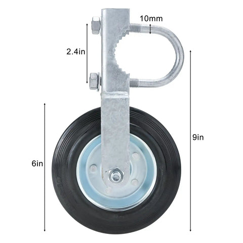 Side view of Built Tough Heavy Duty 6 Inch Gate Wheels for Metal Tube Gates, hot galvanized with size labels, 2 Pack