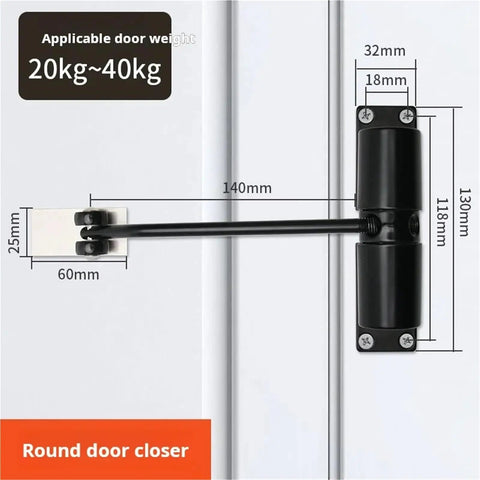 Automatic Door Closer For 20-40 Kg Doors, Adjustable Spring Closing Device, No Slam Quiet Soft Close Hardware, Round Black Finish