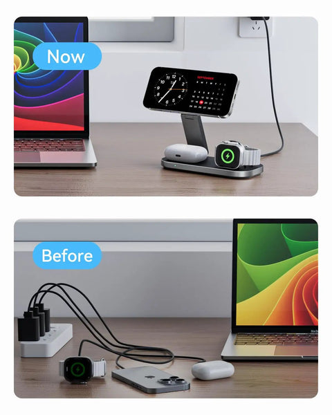 Comparison of tidy desk with 3 In 1 Wireless Charging Stand With Qi2 25W Fast Charge Foldable MagSafe Dock and cluttered version.