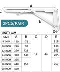 Four Piece Heavy Duty Folding Shelf Bracket Set With 65 Kg Capacity Wall Mounted Triangular Support dimensions chart