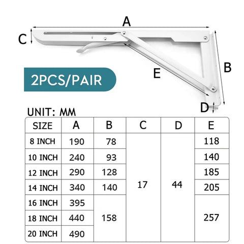 Four Piece Heavy Duty Folding Shelf Bracket Set With 65 Kg Capacity Wall Mounted Triangular Support dimensions chart