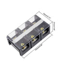 Dual Row 3 Position Wire Barrier Block Terminal Strip 600V 100A with removable clear insulating cover, front view with dimensions