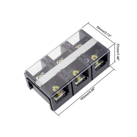 Dual Row 3 Position Wire Barrier Block Terminal Strip 600V 100A with removable clear insulating cover, front view with dimensions