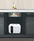 10 Liter Electric Hot Water Heater Delivering Kickin Heat With 1.5 Kilowatts Of Instant Warmth in under sink installation.