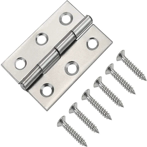 2-inch stainless steel folding hinge for wooden boxes and small crafts; includes six screws