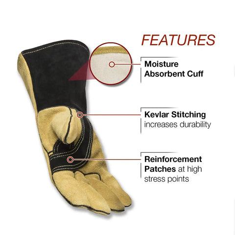 Heavy Duty MIG And Stick Welding Gloves For Superior Heat Resistance And Durability, Medium Size, showing moisture absorbent cuff and Kevlar stitching features