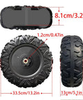 Two Pack 13 Inch EVA Solid Tire Set For Ride On Cars And SUVs Alligator Tire Tread Upgrade With 1.2 Cm Aperture shown in three angles