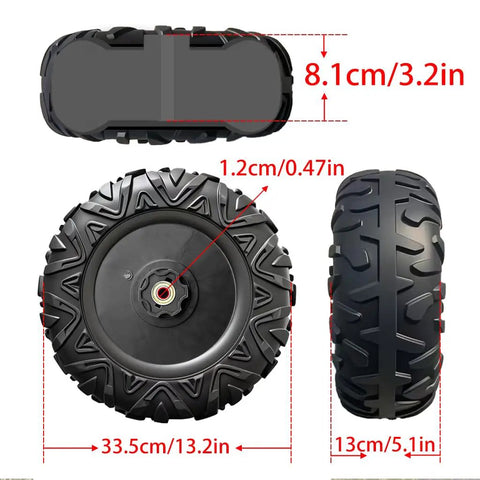 Two Pack 13 Inch EVA Solid Tire Set For Ride On Cars And SUVs Alligator Tire Tread Upgrade With 1.2 Cm Aperture shown in three angles