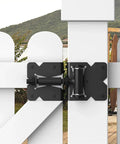 Two Pack Self Closing Gate Hinges For Wooden Fences Built To Last Heavy Duty Stainless Steel Gate Closer Hinges With Screws, mounted on white fence gate