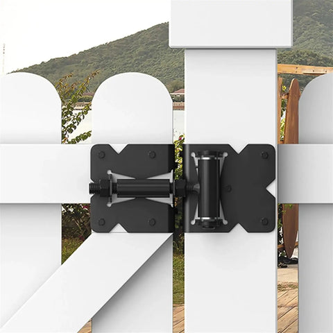 Two Pack Self Closing Gate Hinges For Wooden Fences Built To Last Heavy Duty Stainless Steel Gate Closer Hinges With Screws, mounted on white fence gate