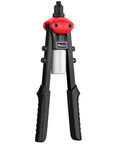 Boss Level Heavy Duty Manual Pop Rivet Gun Kit Featuring 200 Rugged Aluminum Rivets Plus Five Swap Out Nozzles, black and red handle, front view.