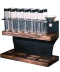 Two Tier Coffee Tool Storage Stand With Twelve Single Dose Bean Vials And One Way Exhaust Valve Plus Heavy Duty Slots For Tamper And Dosing Cups. Walnut and black design.