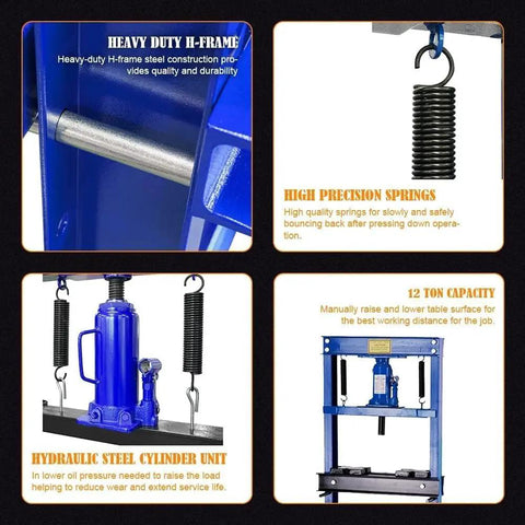 Heavy duty H-frame of Bad Ass 12 Ton H Frame Hydraulic Shop Press For Auto Mechanics And Bearing Pullers.