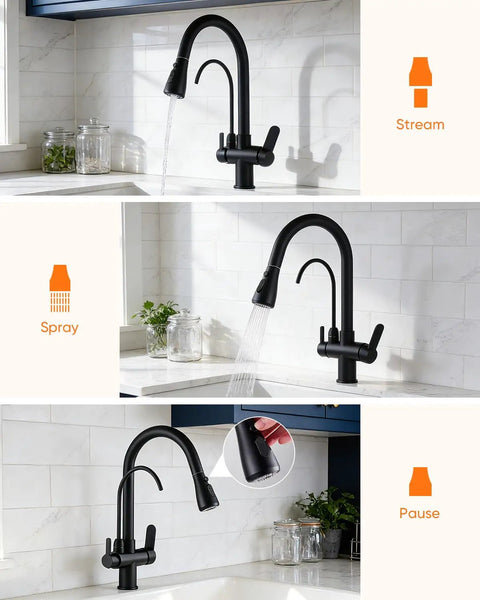 Kitchen Faucet 0196R in black finish showcasing stream, spray, and pause options over a stylish sink.