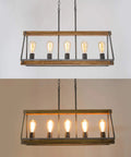 Farmhouse Vibe 5-Light Chandelier For Dining Room And Kitchen Island, Rustic Metal Frame With Open Cage Design, Wood Grain Finish