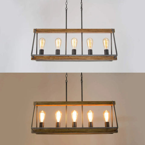 Farmhouse Vibe 5-Light Chandelier For Dining Room And Kitchen Island, Rustic Metal Frame With Open Cage Design, Wood Grain Finish