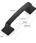 3 Inch Square Cabinet Pulls In Matte Black Arch Design for kitchen cabinets, featuring 3/8 inch width, 7/8 inch height, 3 inch center spacing.
