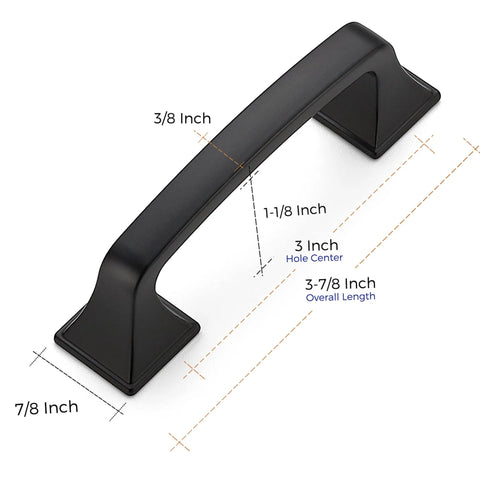 3 Inch Square Cabinet Pulls In Matte Black Arch Design for kitchen cabinets, featuring 3/8 inch width, 7/8 inch height, 3 inch center spacing.