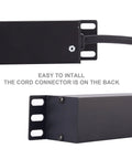 Rack Mount PDU With Eight Wide Spaced Outlets And 600J Surge Protection 15A 125V 1U Power Strip, cord connector detail, black
