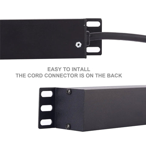 Rack Mount PDU With Eight Wide Spaced Outlets And 600J Surge Protection 15A 125V 1U Power Strip, cord connector detail, black