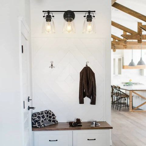 Dope 3-Light Modern Black Vanity Light Fixture With Seeded Glass Shade And Metal Base, 21 Inch Over Mirror Bath Lighting displayed in hallway