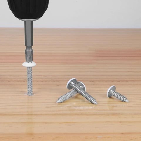 Dang Solid 100 Piece Set Of Size 6 X 5 8 Inch Wood Screws in use with a driver bit on wood surface.