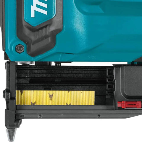 Cordless 18V LXT 23 Gauge Pin Nailer Pro Grade magazine with yellow pins loaded, side view detail