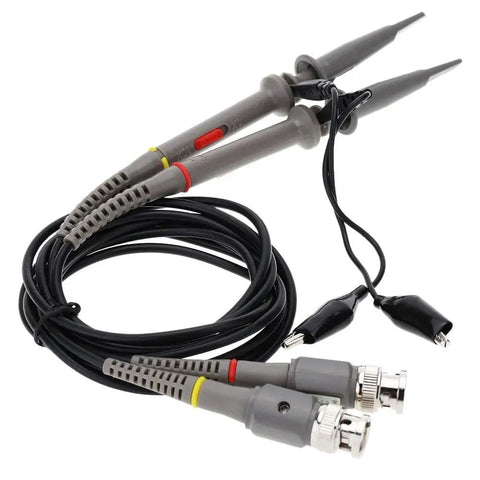 60MHz Oscilloscope Probe Kit with X1 and X10 Attenuation Switch, 123cm black cable, hook tips, and ground leads for electronics testing.