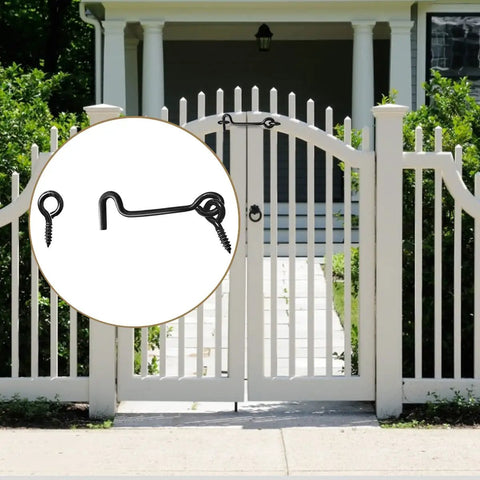 Rock Solid Top Shelf Cabin Swivel Hook And Eye Latch For Door Gate And Window Carbon Steel Heavy Duty Rust Resistant Security Lock 2 Inch 5 Pack With Mounting Screws Included in use on white gate.