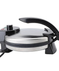 Heavy Duty Electric Tortilla Press 10 Inch Non Stick Roti Maker With Adjustable Heat Control, silver and black design.