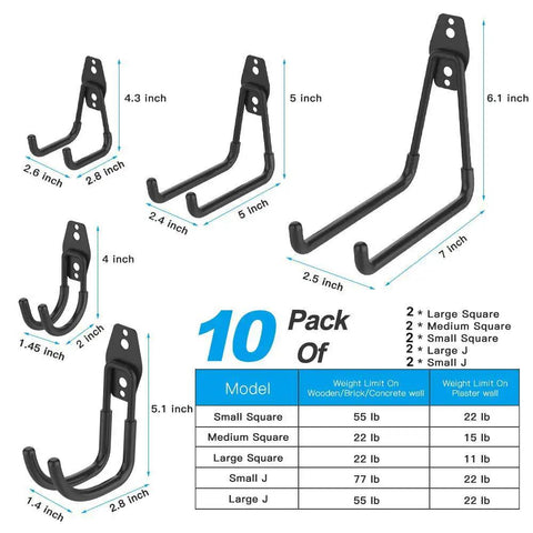 Heavy Duty Garage Wall Hooks Set 12 Pack With 2 Extension Cord Holders For Total Tool Organization, Sturdy Steel Mount Hangers For Bikes, Ladders, Garden Tools And Other Gear