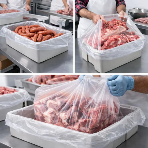 Heavy Duty 50 Pound Meat Lug Liners, 10 Pack, 4 Mil Thick Tub Liners For Meat Totes, showing sausages and meat in plastic liners