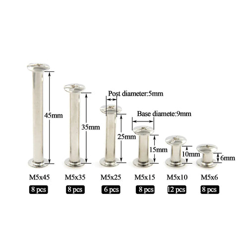 Tough As Nails M5 Chicago Screws 60 Pair Assorted Binding Posts With Phillips Drive And Premium Silver Coating displaying various sizes.