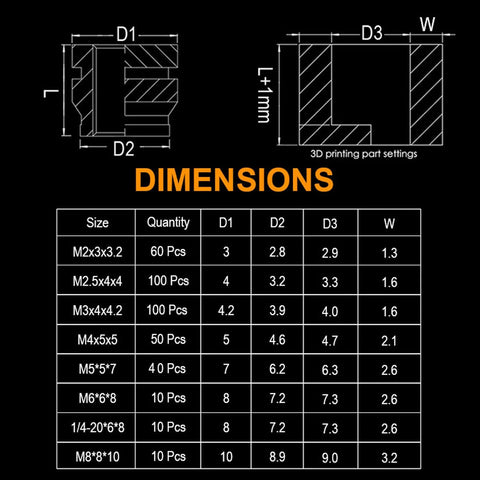 Dimensions table for Heat Set Insert Kit with 60W Soldering Iron and 380 Brass Inserts, showing sizes and quantities.