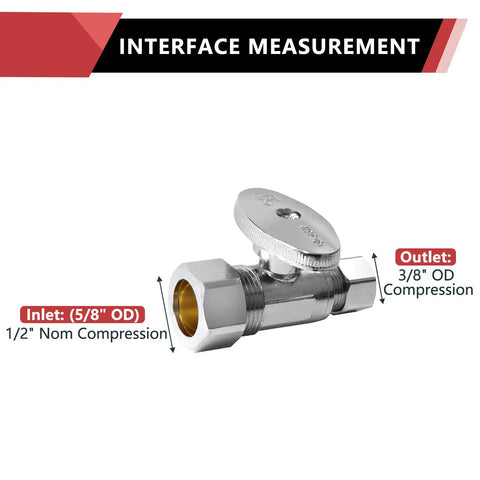 10 Pack Straight Stop Valves One Half Inch Nominal Compression From Five Eighths Inch OD To Three Eighths Inch OD One Quarter Turn Chrome Plated Lead Free Brass Interface Measurement