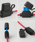 Premium 15 Amp Atc Ato Blade Fuse With 14 Awg Inline Fuse Holder Harness Kit close-up of red wires and waterproof fuse holder.